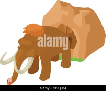 Isometrischer Vektor mit Symbol für prähistorische Zeitalter. Wolliges Mammut in der Nähe des Höhleneingangs Ikone. Archäologie, Evolution Stock Vektor
