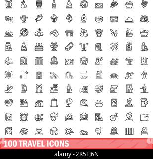 100 Reisesymbole eingestellt. Skizzieren Sie die Darstellung von 100 Vektor-Symbolen für Reisen, die isoliert auf weißem Hintergrund eingestellt sind Stock Vektor