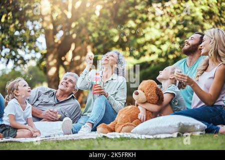 Glückliche große Familie, Park Picknick und Liebe Bindung, Glück und Freude für Wiedervereinigung zusammen Lächeln im Freien Natur. Ältere Großeltern, Mutter und Vater Stockfoto