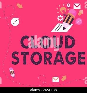 Textüberschrift mit Cloud Storage. Konzept, das bedeutet, dass Computer Geräte mit Cloud-Daten auf Remote-Speicher verbinden Stockfoto