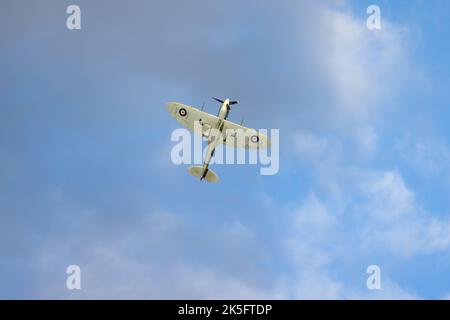 Supermarine Spitfire VC 'AR501' (G-AWII) wurde am 2.. Oktober 2022 auf der Race Day Airshow im Old Warden Aerodrome, Shuttleworth, in die Luft geworfen Stockfoto