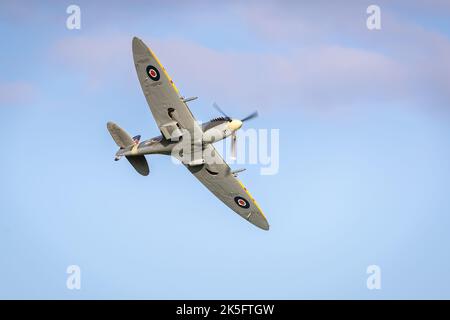 Supermarine Spitfire VC 'AR501' (G-AWII) wurde am 2.. Oktober 2022 auf der Race Day Airshow im Old Warden Aerodrome, Shuttleworth, in die Luft geworfen Stockfoto