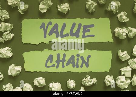 Text mit Inspiration Value Chain. Wort für eine Reihe von funktionalen Aktivitäten, die das Produkt wertvoller machen Stockfoto