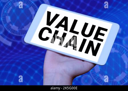 Handgeschöpftes Text Wertschöpfungskette. Geschäftskonzept eine Reihe von funktionalen Aktivitäten, die das Produkt wertvoller machen Stockfoto
