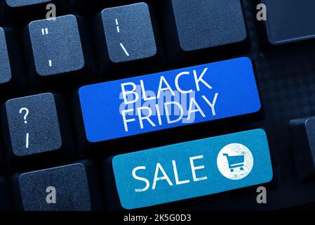 Schreiben Anzeige Text Black Friday Sale. Wort geschrieben auf die Käufer mit exklusiven Produkten anziehen s ist niedriger Preis Stockfoto