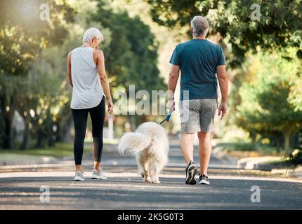 Seniorenpaar, Hundewanderung und Naturparkstraße während des Trainings, Spaziergangs und der Freizeit bei einem Spaziergang durch den Wald. Alter Mann und Frau sind aktiv Stockfoto