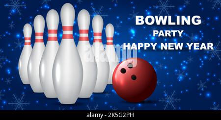 Bowling-Party Frohes neues Jahr. Bowling-Banner für Spiele im neuen Jahr. Weiße Kegeln und rote Kugel auf festlichem Weihnachtshintergrund. Vektorgrafik ep Stock Vektor