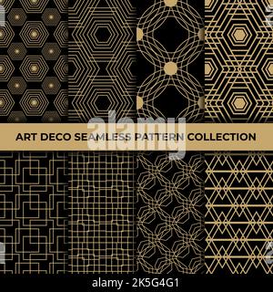 Nahtlose Musterkollektion im Art déco-Stil. Set aus luxuriöser Eleganz und abstrakten Mustern. Goldene nahtlose Texturen im Retro-Stil auf schwarzem Hintergrund. Stock Vektor