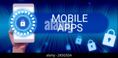 Textunterschrift mit Darstellung mobiler Apps. Internetkonzept eine Software-Anwendung, die auf Handheld-Geräten ausgeführt werden kann Stockfoto