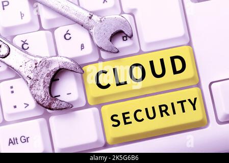 Konzeptunterschrift Cloud-Sicherheit. Wort, das über die Einführung eines gesicherten Systems vorhandener Daten im Internet geschrieben wurde Stockfoto