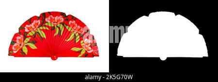 Spanischer roter Open-Hand-Ventilator, verziert mit floralen Motiven, isoliert auf weißem Hintergrund mit Clipping-Maske Stockfoto