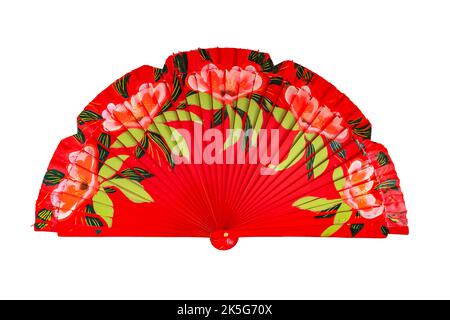 Spanischer roter Open-Hand-Ventilator, verziert mit floralen Motiven, isoliert auf weißem Hintergrund Stockfoto