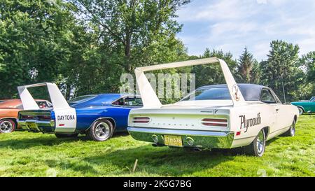 GROSSE POINTE SHORES, MI/USA - 21. JUNI 2015: Ein 1969 Dodge Daytonas und 1970 Plymouth Road Runner Superbird, EyesOn Design Car Show. Stockfoto