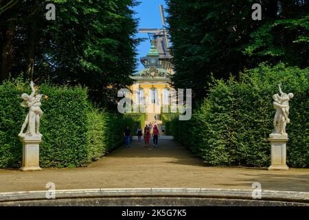 Von Bäumen gesäumte Gasse mit Sichtachse nach Norden von der Hauptstraße bis zur Neuen Kammern, Park Sanssouci, Potsdam, Brandenburg, Deutschland. Stockfoto