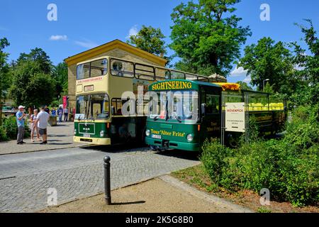 Touristen, Besucher und Reisebusse, touristische Lage vor dem Besucherzentrum von Sanssouci, Potsdam, Brandenburg, Deutschland. Stockfoto