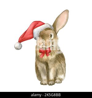 Ein Kaninchen in einem Weihnachtsmütze mit roter Schleife. Alle Elemente sind in Aquarell handbemalt und auf weißem Hintergrund isoliert. Stockfoto