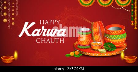 Illustration von dekorierten pooja thali für Grüße auf indischen Hindu festival Happy Karwa Chauth Stock Vektor