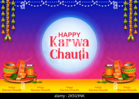 Illustration von dekorierten pooja thali für Grüße auf indischen Hindu festival Happy Karwa Chauth Stock Vektor