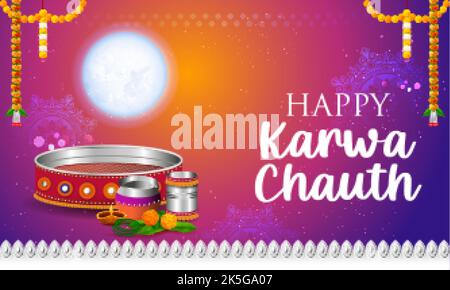 Illustration von dekorierten pooja thali für Grüße auf indischen Hindu festival Happy Karwa Chauth Stock Vektor