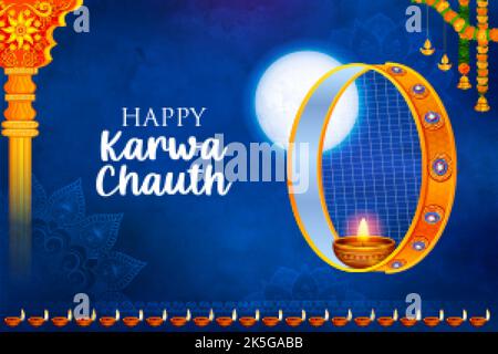 Illustration von dekorierten pooja thali für Grüße auf indischen Hindu festival Happy Karwa Chauth Stock Vektor