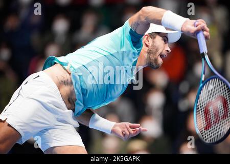 Tokio, Japan. 7. Oktober 2022. Borna Coric (CRO), 7. Oktober 2022 - Tennis : Einzelquartalsspiel zwischen Denis Shapovalov (CAN) 2-0 Borna Coric (CRO) im Ariake Colosseum während der Rakuten Japan Open Tennis Championships 2022 in Tokio, Japan. Quelle: SportsPressJP/AFLO/Alamy Live News Stockfoto