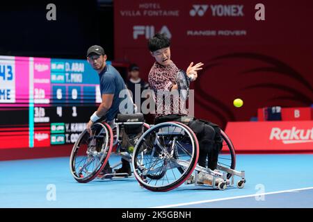 Ariake Colosseum, Tokio, Japan. 7. Oktober 2022. Daisuke Arai & Takuya Miki (JPN), 7. OKTOBER 2022 - Rollstuhltennis : Rakuten Japan Open Wheelchair Championship Championships 2022 Men's Doubles Final match at Ariake Colosseum, Tokyo, Japan. Quelle: Naoki Morita/AFLO SPORT/Alamy Live News Stockfoto