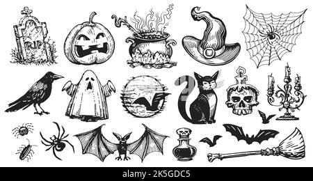 Halloween Konzept Icon Set. Handgezeichnete Designelemente im Skizzenstil für Urlaubsflyer, Grußkarte oder Webbanner Stock Vektor