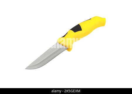 Modernes Tauchmesser mit silberner Klinge und gelbem Gummigriff. Stahlarme. Isolieren auf weißem Hintergrund. Stockfoto