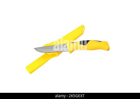 Modernes Tauchmesser mit silberner Klinge und gelbem Gummigriff. Stahlarme. Isolieren auf weißem Hintergrund. Stockfoto