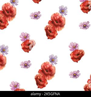 Nahtloses Muster mit Blume Aquarell Illustration von roten Mohnblumen und violetten Kosmos Blumen Stockfoto