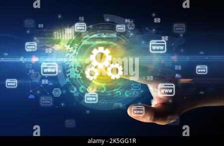 Berühren mit Soft-Gesture-Multimedia-Bildschirm mit Zukunftstechnologie Konzept Stockfoto