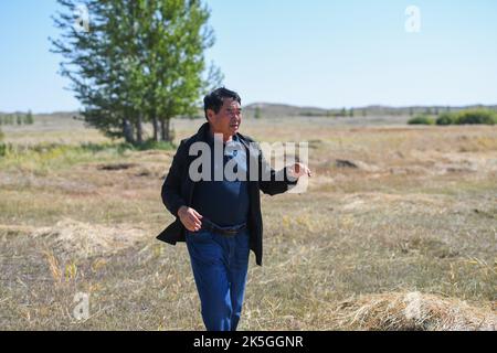 Hohhot, Chinas Autonome Region Innere Mongolei. 8. September 2022. Ting Bater blickt auf seine Weide im Dorf Sarultuya in Abag Banner, der Autonomen Region Innere Mongolei im Norden Chinas, 8. September 2022. ZUM THEMA „Profil: Herder widmet sich der Verbesserung des Lebens durch Grünlandschutz“ Quelle: Liu Lei/Xinhua/Alamy Live News Stockfoto