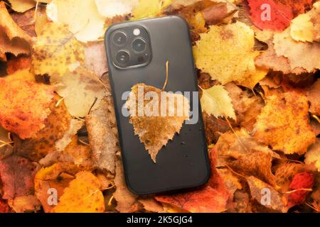 Der neue Apfel iphone 14, 13 promax auf einem herbstlichen Hintergrund von schlammigen Blättern im Wald. Herbst Verkauf von Mobiltelefonen. Stockfoto