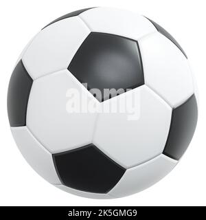 Fußball oder Fußball mit Lederstruktur. Schlichtes Schwarz-Weiß-Farbdesign. Isoliert . Eingebettete Beschneidungspfade . 3D Rendering . Stockfoto