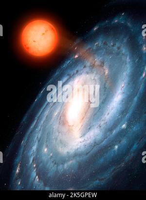 Dies zeigt eine hypothetische Spiralgalaxie aus einem schrägen Winkel. Ein roter Zwergstern wurde von der Galaxie mit hoher Geschwindigkeit ausgestoßen und wird die Lücke zwischen den Galaxien durchstreifen. Solche Objekte werden als frei schwebende Sterne bezeichnet. Stockfoto