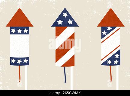 Ein Feuerwerk vom 4. juli in einem Schnitt-Papier-Stil mit Texturen Stock Vektor