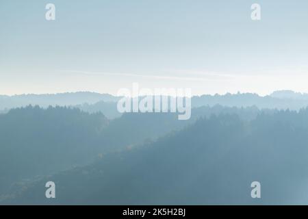 Hügelschichten am Morgen Nebel überwuchert mit Wald, Herbstmorgen auf dem Land Stockfoto