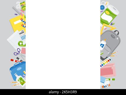 Eine Reihe von Schulmaterialien in einer Reihe, zurück zur Schule und Büroartikel hinter weißem Kopierraum Stock Vektor