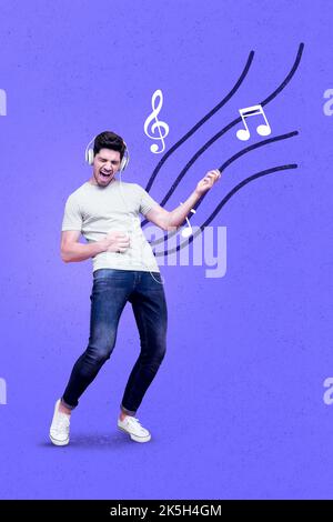 Vertikale Collage Bild von aufgeregt positiven Kerl hören Musik spielen Stellen Sie sich Gitarre isoliert auf kreativen Hintergrund Stockfoto