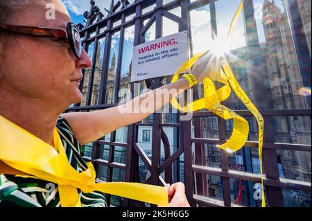 London, Großbritannien. 08. Oktober 2022. Die Kampagne „Don't extradite Assange“ protestiert zur Unterstützung von Julian Assange und einer freien Presse vor dem Parlament. Sie schufen eine menschliche Unterstützungskette um das parlament herum. Kredit: Guy Bell/Alamy Live Nachrichten Stockfoto