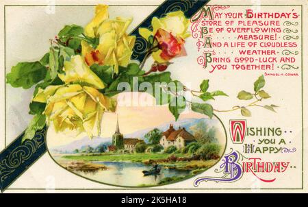 Antike Grußkarte aus dem Jahr 1911 mit dem Titel „alles gute zum Geburtstag“. Attraktive Karte mit gelben Rosen und einem Band, einer malerischen Flusslandschaft mit einem Häuschen und einer Kirche sowie dem Vers von Samuel K. Cowan: „Möge die Freude an deinem Geburtstag von überströmendem Ausmaß sein! Und ein Leben bei wolkenlosem Wetter, bringen Sie Glück und Sie zusammen!“ Stockfoto