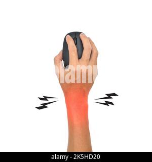 Maushand-Syndrom bei asiatischem jungen Mann. Schmerzen am Handgelenk oder am Handgelenk aufgrund des längeren Gebrauchs der Computermaus. Stockfoto