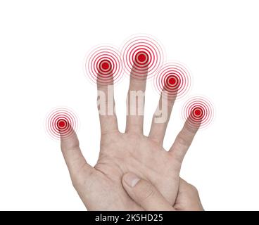 Kribbeln und Taubheit in den Fingerspitzen des jungen asiatischen Mannes mit Diabetes. Probleme mit dem Fingergefühl. Probleme mit der Hand und den Nerven. Feine Note Stockfoto