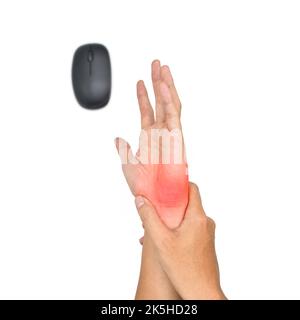 Maushand-Syndrom bei asiatischem jungen Mann. Schmerzen am Handgelenk oder am Handgelenk aufgrund des längeren Gebrauchs der Computermaus. Stockfoto