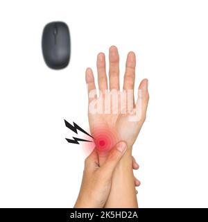 Maushand-Syndrom bei asiatischem jungen Mann. Schmerzen am Handgelenk oder am Handgelenk aufgrund des längeren Gebrauchs der Computermaus. Stockfoto