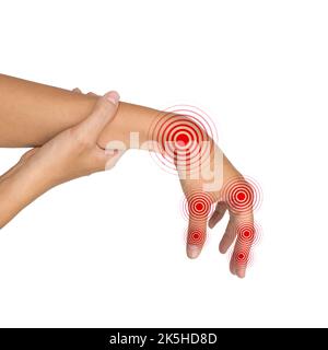 Entzündung mehrerer Gelenke. Konzept und Idee von rheumatischer Arthritis, Polyarthritis, Schwellung der Handgelenke oder Arthralgie. Stockfoto