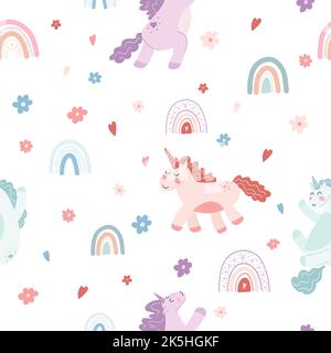 Nahtloses Muster mit Einhörnern und Regenbögen auf weißem Hintergrund. Vektor handgezeichnete Textur für Geschenkpapier, Stoffdruck, Kindertextilien, Cover, Karte Stock Vektor