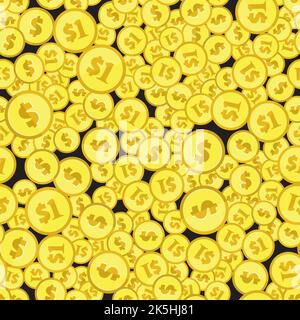 Golddollar-Münzen nahtloses Muster. Flacher Stil Draufsicht Hintergrund. Umhüllung der Hintergrundtextur mit sich wiederholenden Währungssymbolen der USA. Geldsymbole zufällig p Stock Vektor