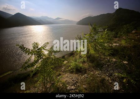 Morgenlandschaft auf der Donau im Nationalpark Djerdap, Serbien Stockfoto