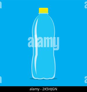 Leere transparente Plastikflasche mit gelbem Deckel für Wasser oder Saft. Flaches Symbol auf himmelblauem Hintergrund isoliert. Stilisierte Vektor EPS10 Illustration mit Stock Vektor